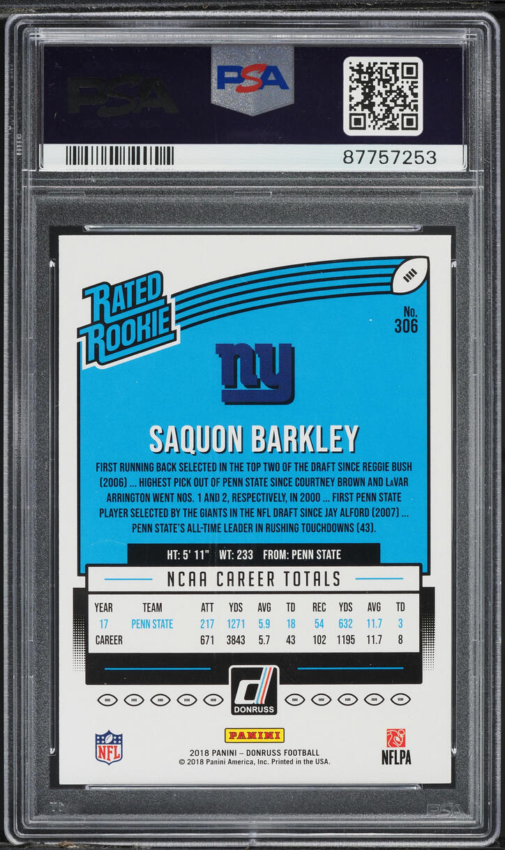 2018 Donruss Football Saquon Barkley ROOKIE #306 PSA 10 GEM MINT