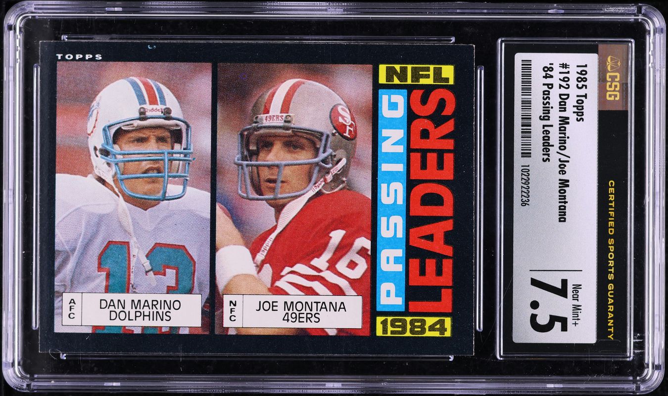1985 Topps Football Dan Marino & Joe Montana '84 PASSING LDRS #192 CSG 7.5 NRMT+