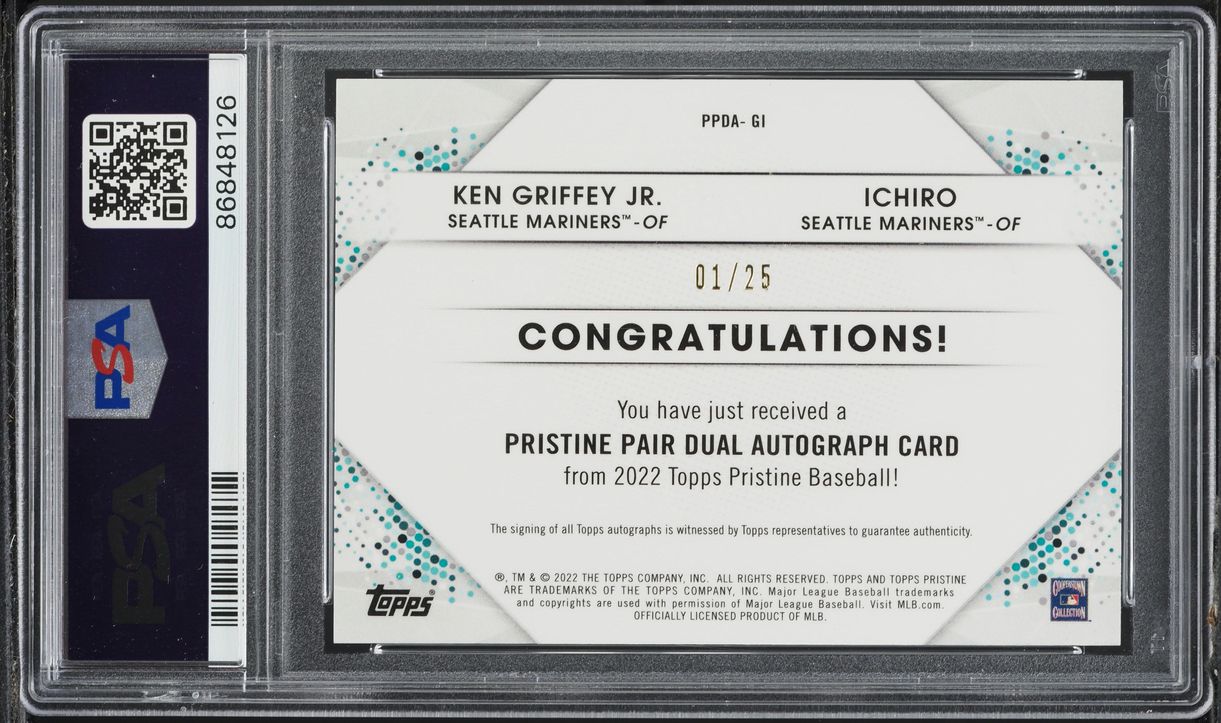 2022 Topps Pristine Pair Dual Ken Griffey Jr. Ichiro AUTO 1/25 PSA