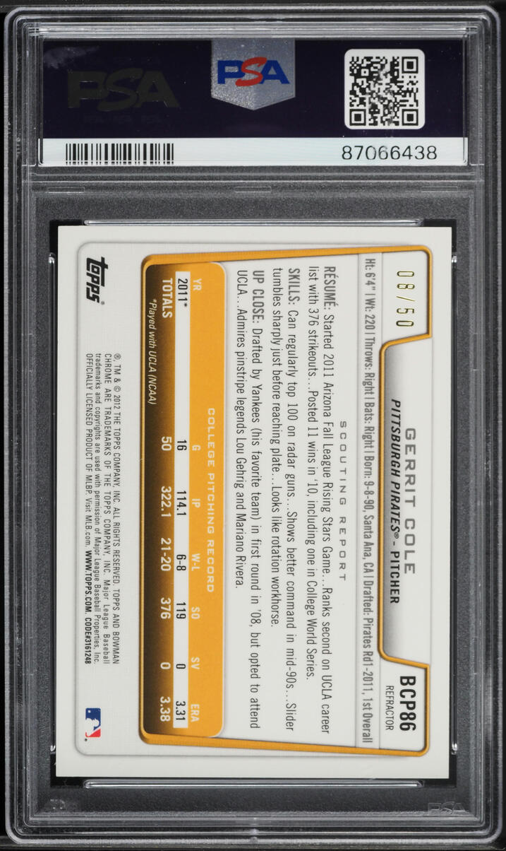 2012 Bowman Chrome Gold Refractor Gerrit Cole PROSPECT AUTO /50 PSA 10 GEM