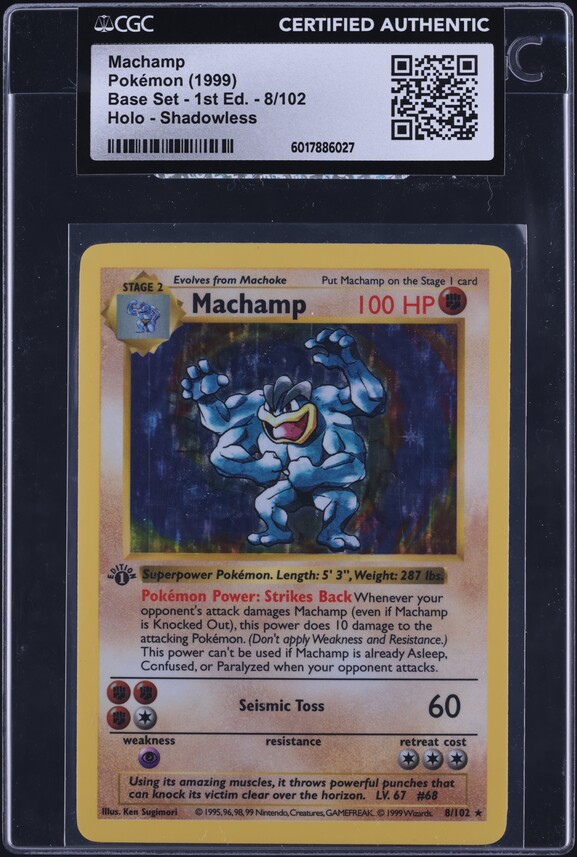 1999 Pokemon Base Set Shadowless 1st Edition Holo Machamp #8 CGC AUTH on Fanatics Collect 1999 Pokemon Base Set Shadowless 1st Edition Holo Machamp #8 CGC AUTH on Fanatics Collect
