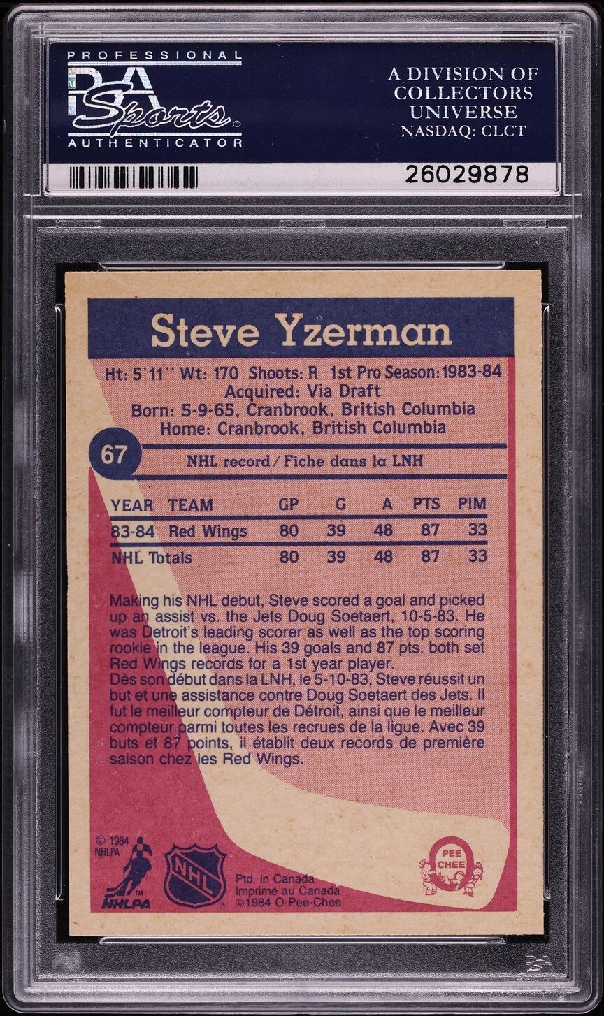 1984 O-Pee-Chee Hockey Steve Yzerman ROOKIE #67 PSA 10 GEM MINT