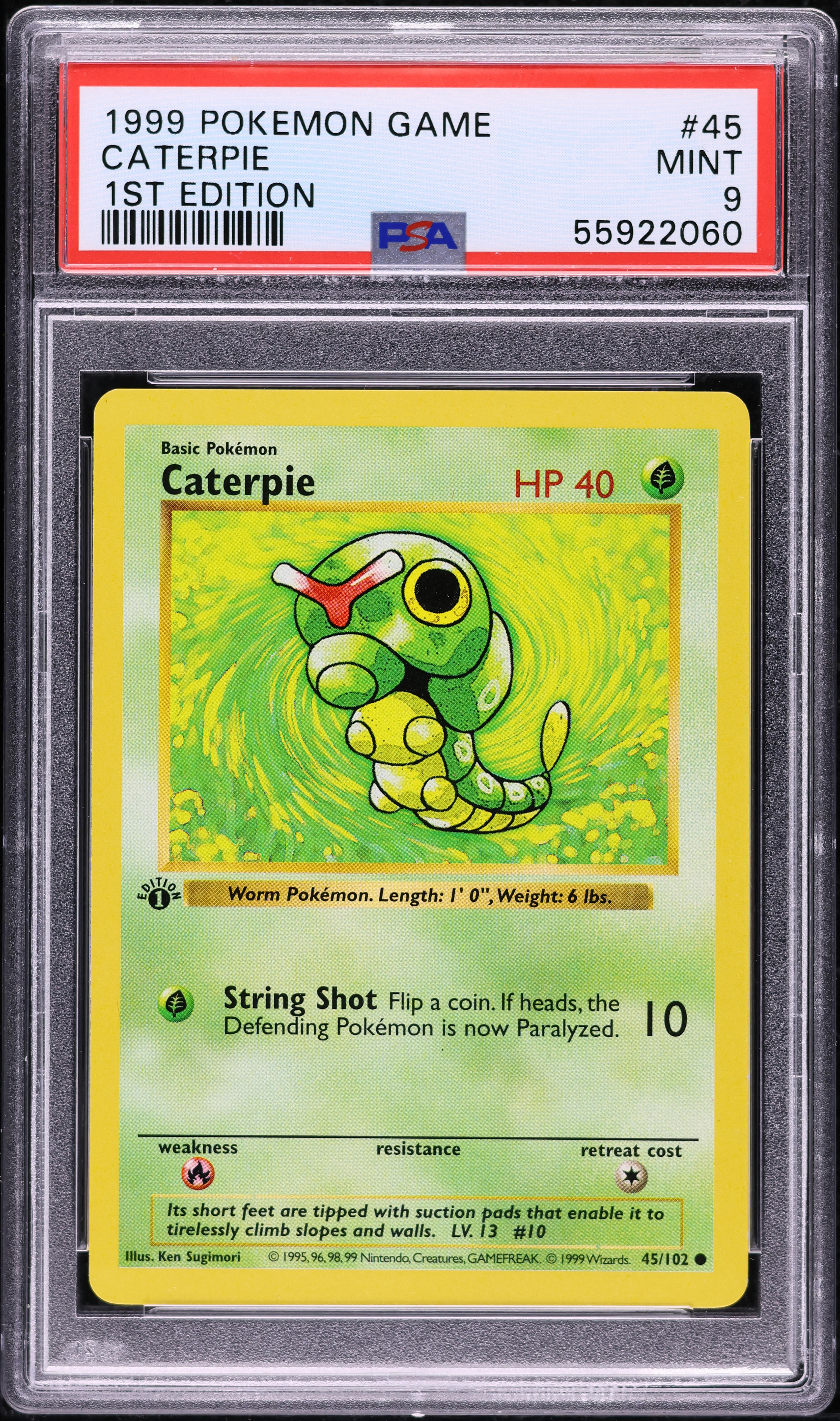 1999 Pokemon Base Set Shadowless 1st Edition Caterpie #45 PSA 9