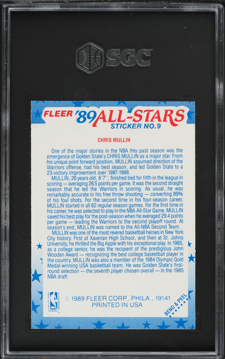 1989 Fleer Sticker Chris Mullin #9 SGC 7 NRMT