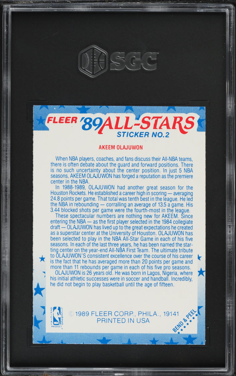 1989 Fleer Sticker Akeem Olajuwon #2 SGC 6 EXMT