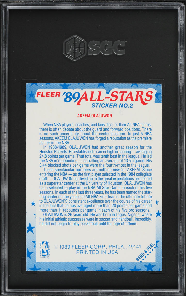 1989 Fleer Sticker Akeem Olajuwon #2 SGC 6 EXMT