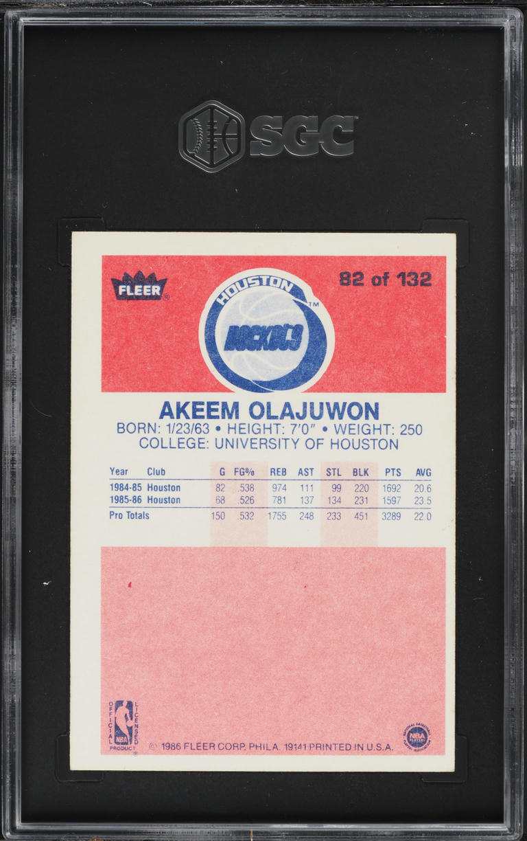 1986 Fleer Basketball Hakeem Olajuwon ROOKIE #82 SGC 5 EX