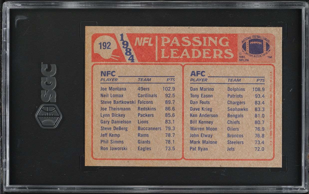 1985 Topps Football Dan Marino & Joe Montana PASSING LEADERS #192 SGC 8 NM-MT