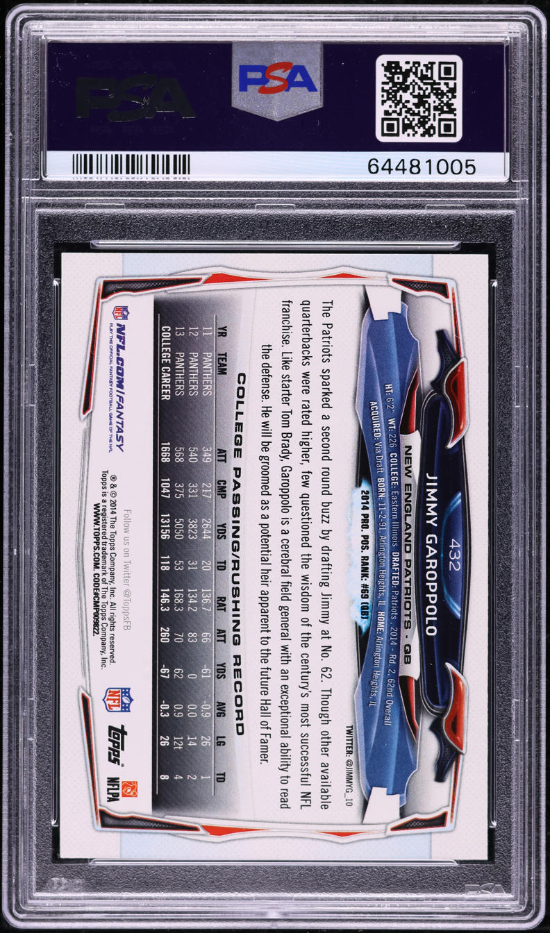 2014 Topps Two Hands On Ball Jimmy Garoppolo ROOKIE #432 PSA 10 GEM MINT