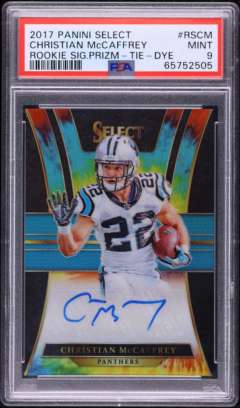 2017 Select Prizm Tie-Dye Christian McCaffrey ROOKIE AUTO /10 #RS-CM PSA 9 MINT