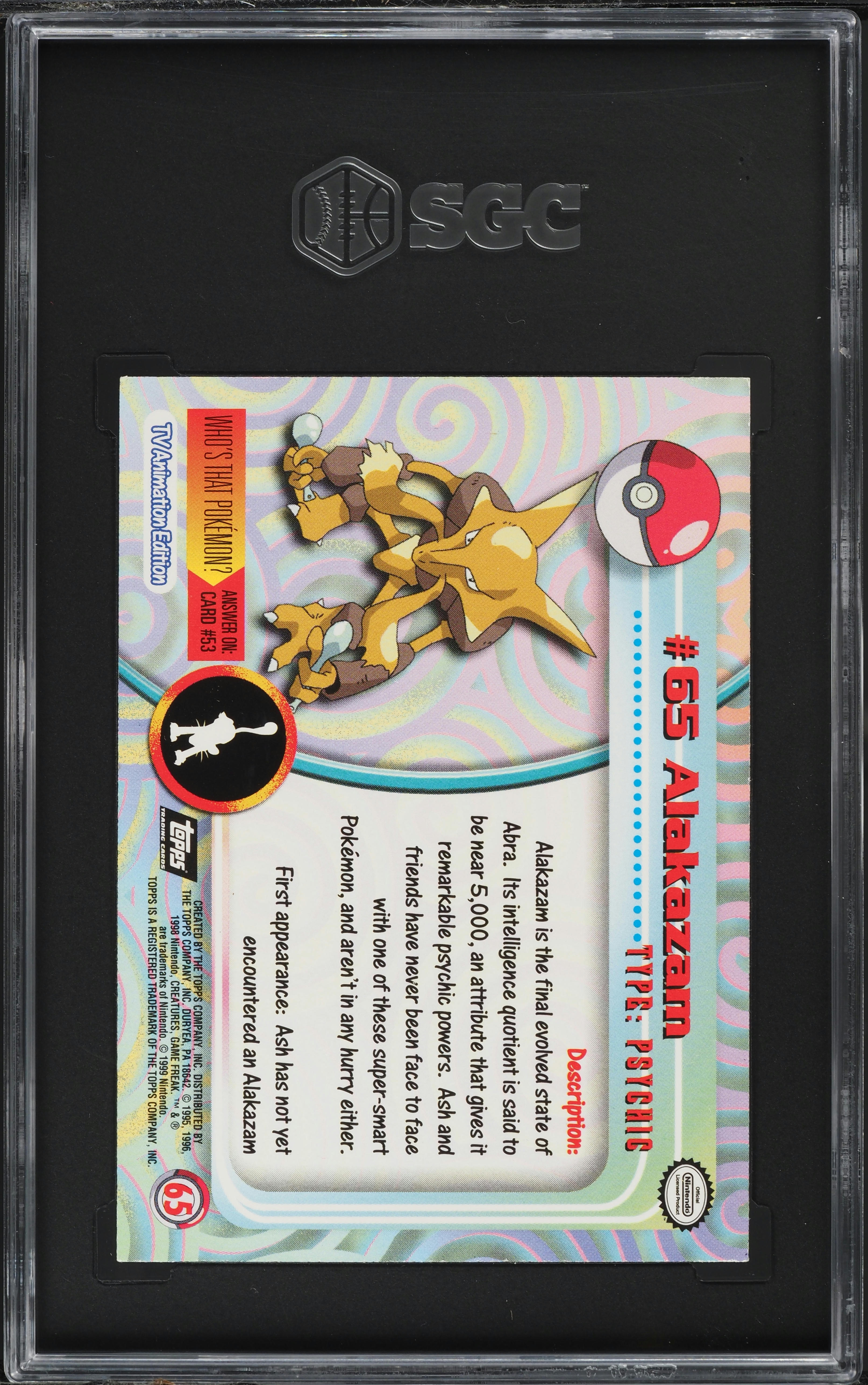 1999 Topps Pokemon TV Black Logo Foil Alakazam #65 SGC 8.5 NM-MT+