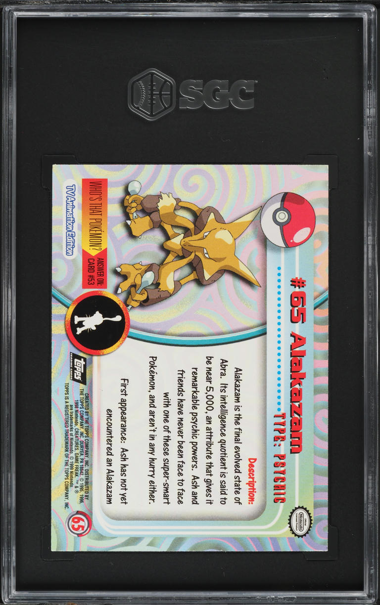 1999 Topps Pokemon TV Black Logo Foil Alakazam #65 SGC 8.5 NM-MT+