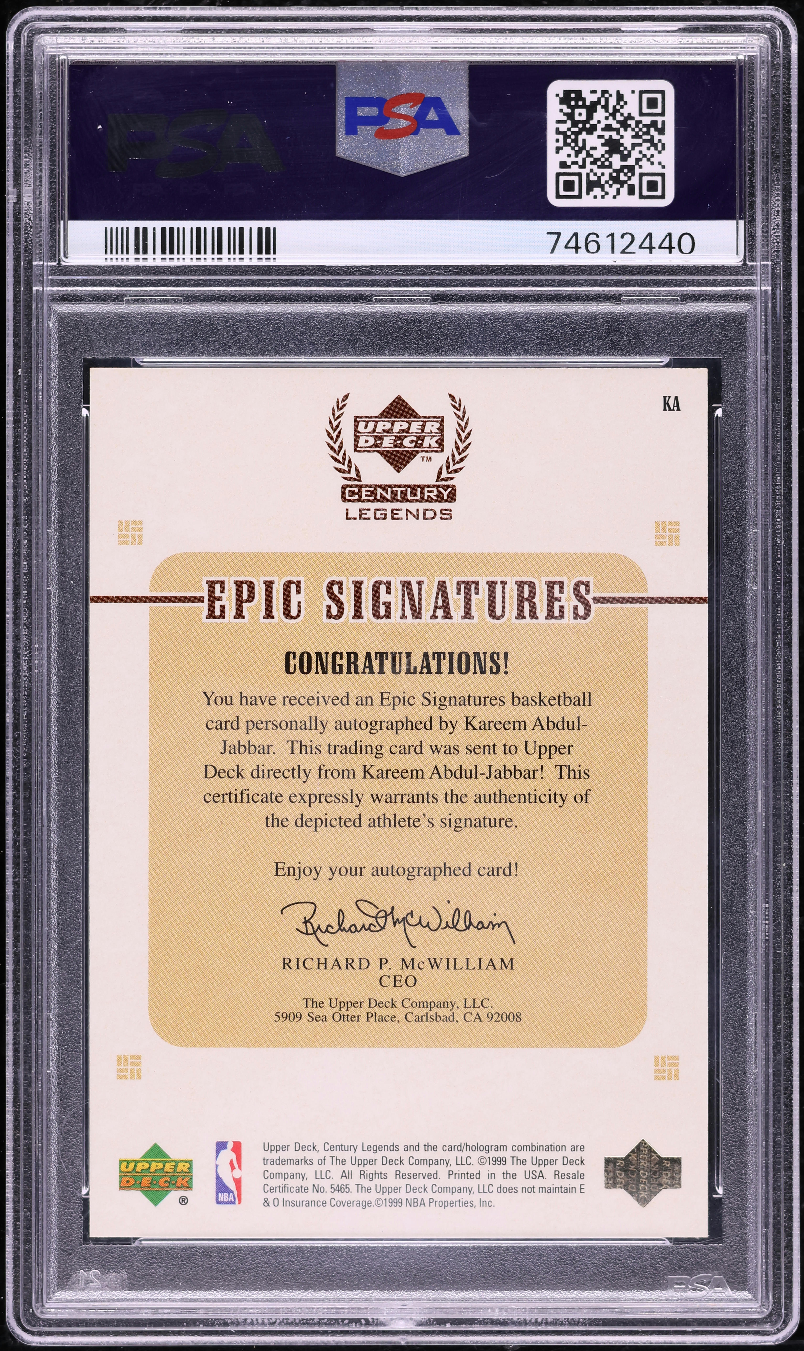 1999 Upper Deck Century Legends Kareem Abdul-Jabbar AUTO DNA 10 