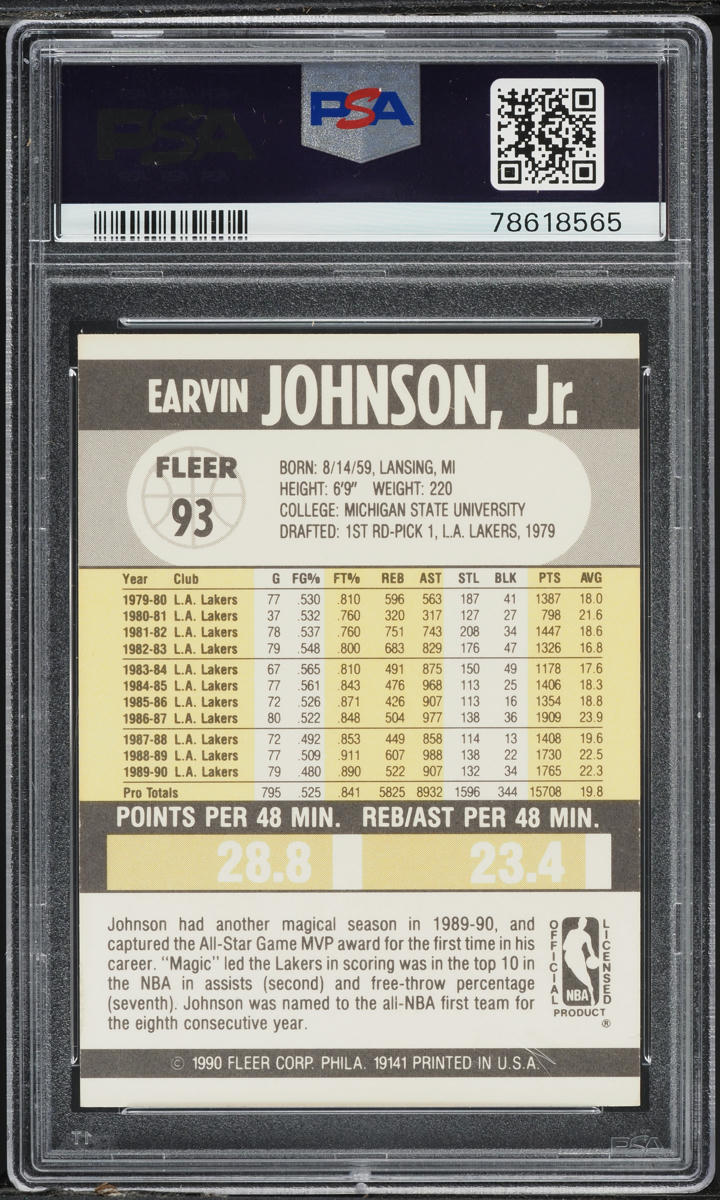 1990 Fleer Basketball Magic Johnson #93 PSA 7 NRMT