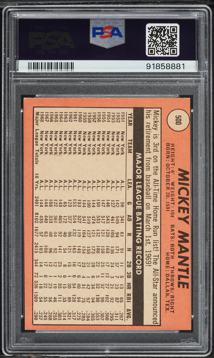 1969 Topps Mickey Mantle LAST NAME IN YELLOW #500 PSA 4 VGEX