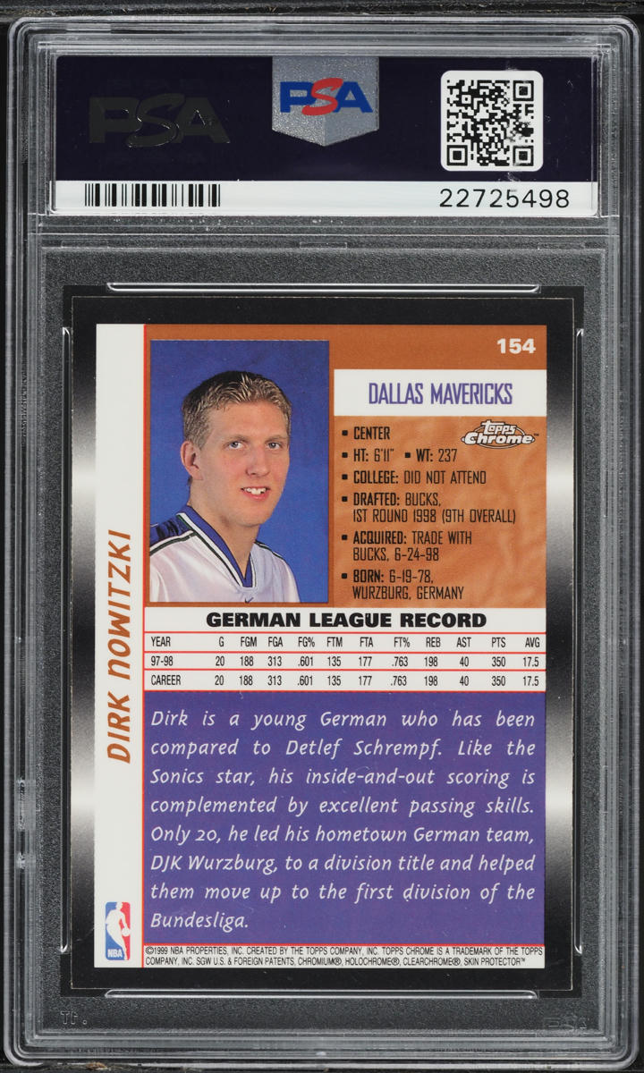 1998 Topps Chrome Dirk Nowitzki ROOKIE AUTO DNA 10 #154 PSA 8 NM-MT