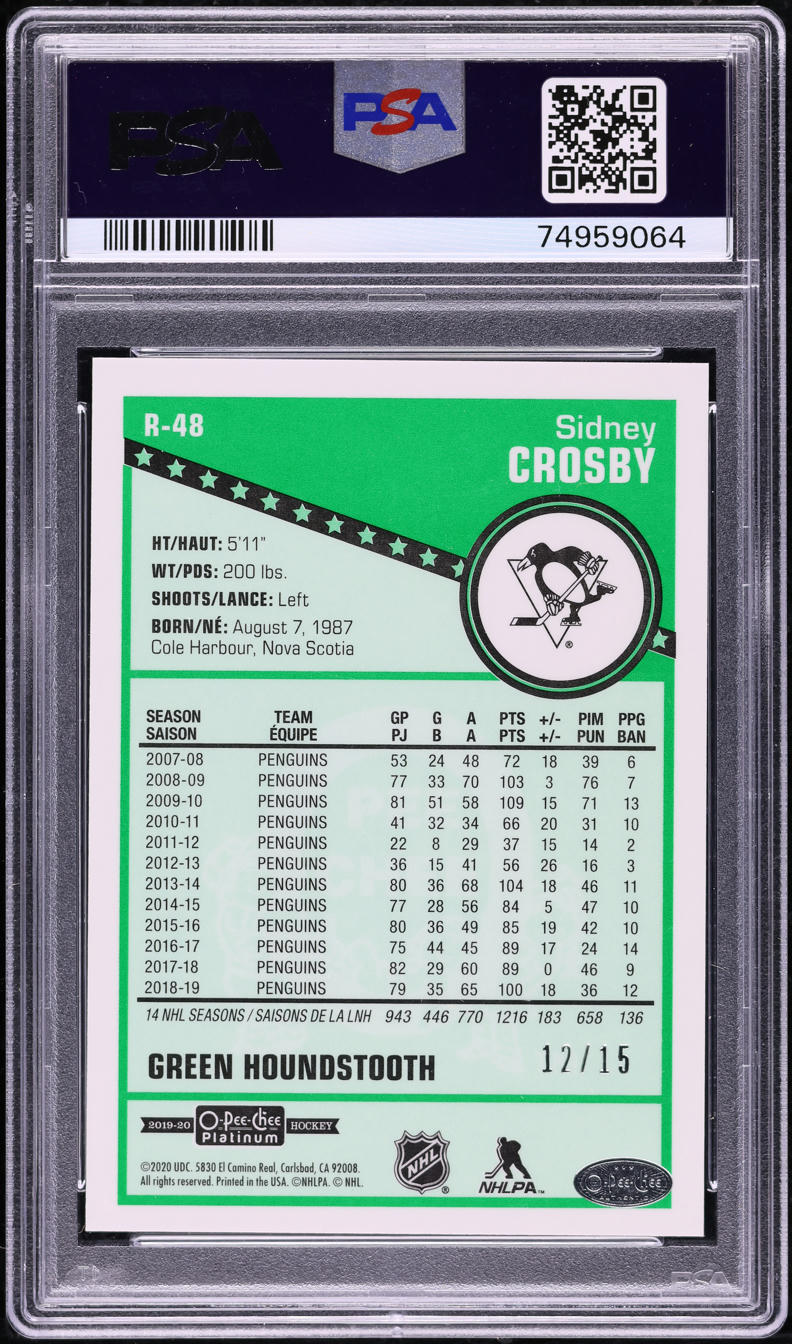 2019 O-Pee-Chee Platinum Retro Green Houndstooth Sidney Crosby /15 #R-48 PSA 10