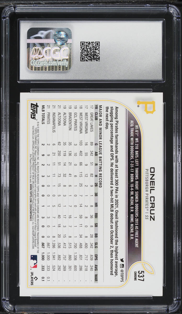2022 Topps Complete Sets Oneil Cruz ROOKIE #537 CGC 9 MINT