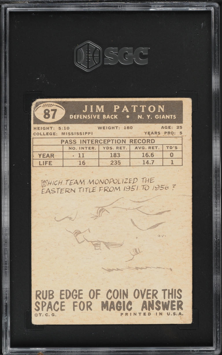 1959 Topps Football Jim Patton #87 SGC 1 PR