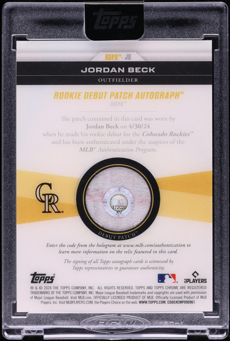 2024 Topps Chrome Update Jordan Beck ROOKIE MLB DEBUT PATCH AUTO 1/1