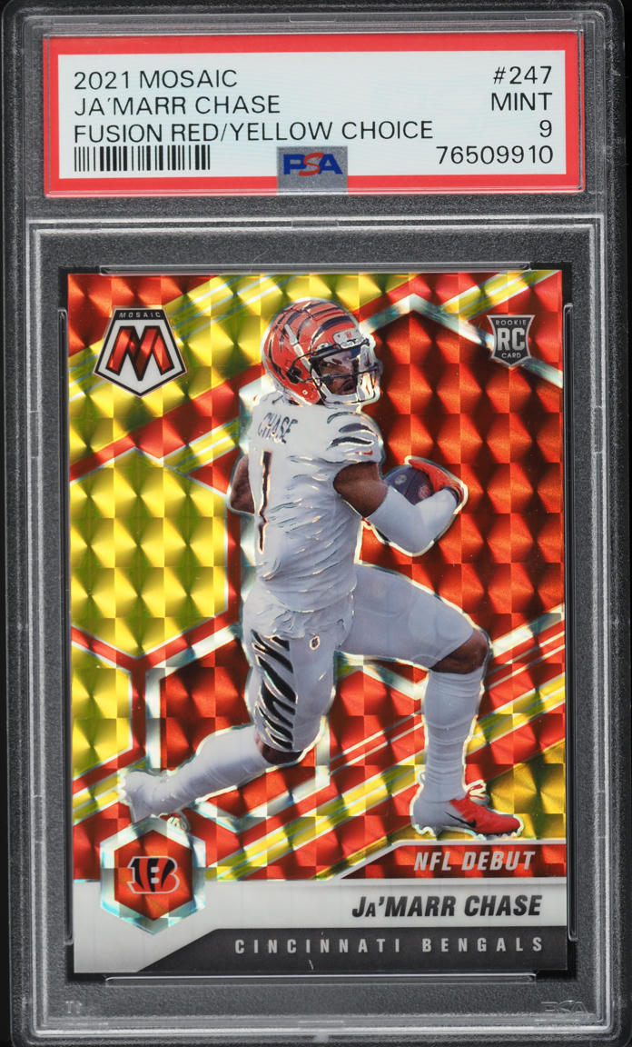 2021 Panini Mosaic Fusion Red Yellow Choice Ja’Marr Chase ROOKIE /80 #247 PSA 9