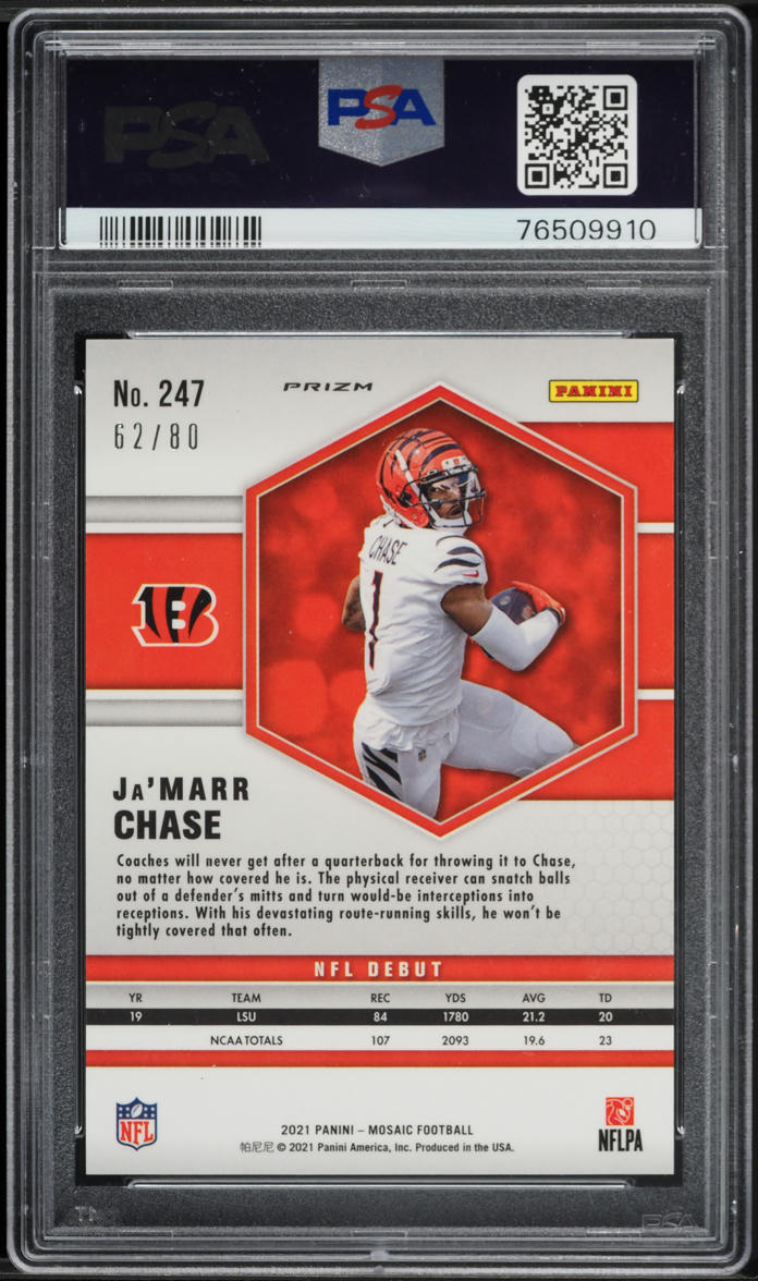 2021 Panini Mosaic Fusion Red Yellow Choice Ja’Marr Chase ROOKIE /80 #247 PSA 9