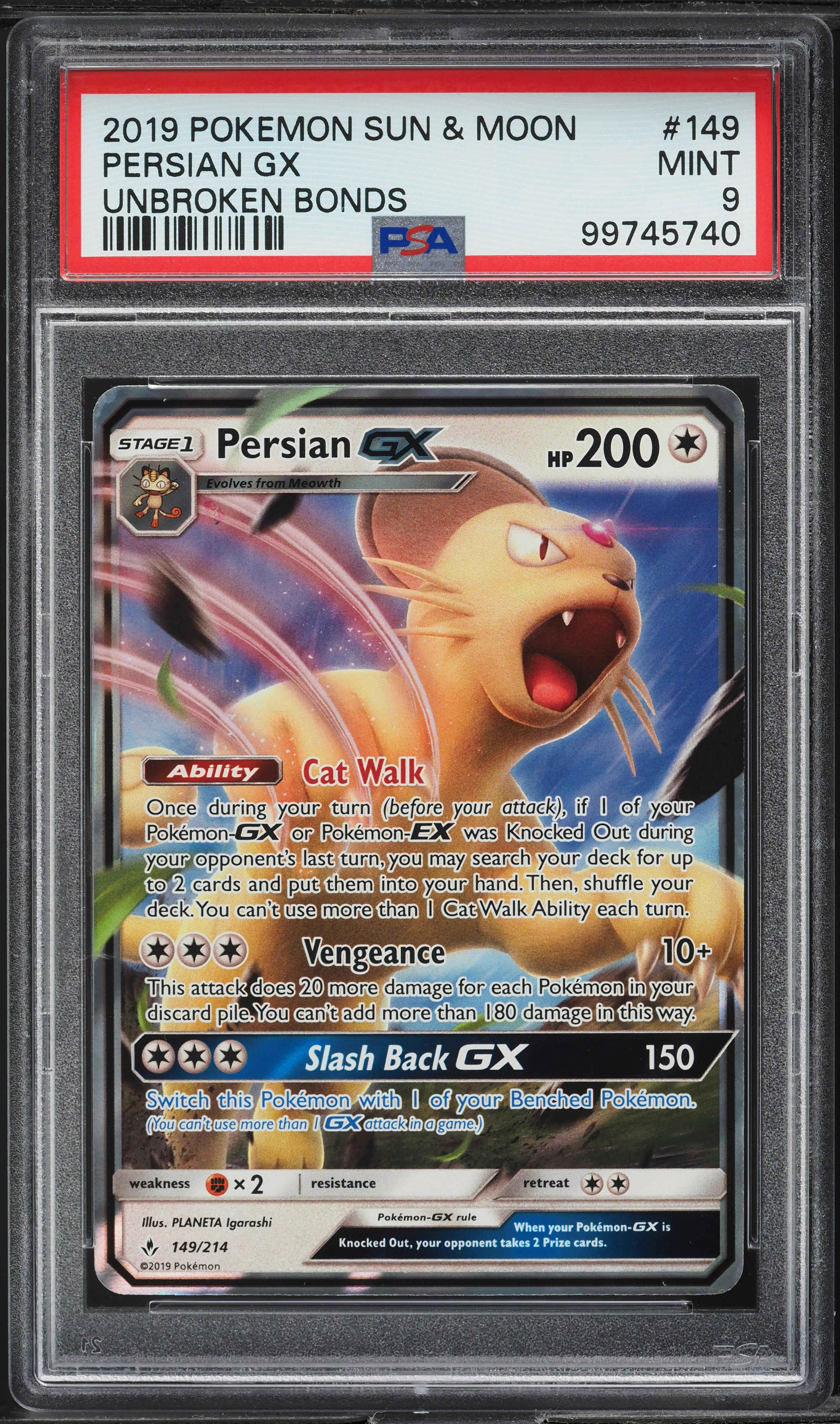 2019 Pokemon Sun & Moon Unbroken Bonds Persian GX #149 PSA 9 MINT