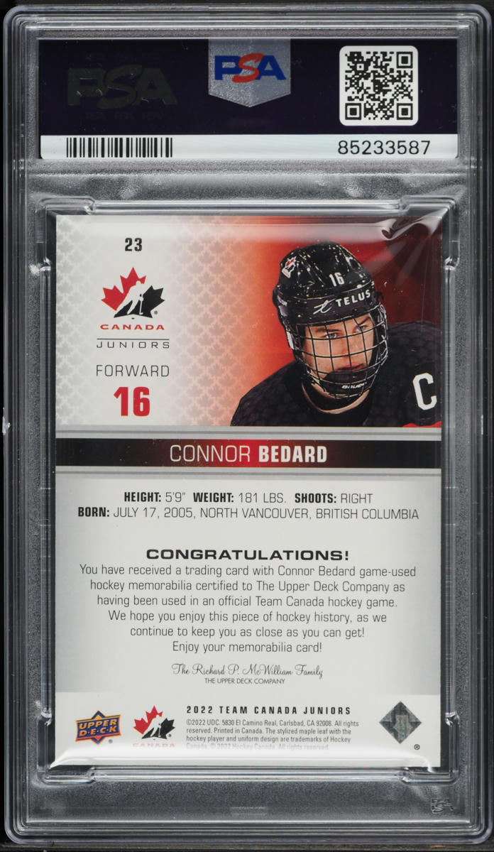 2022 Upper Deck Team Canada Juniors Connor Bedard ROOKIE PATCH #23 PSA 8 NM-MT