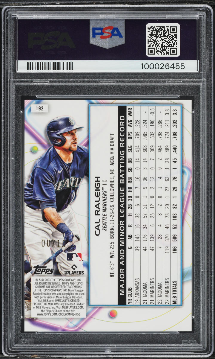 cosmic sports cards graded cards 2023 Topps Chrome Black Eclipse Cal Raleigh /10 #192 PSA 9 MINT on Fanatics Collect tier grading companies like PSA Graded 2023 Topps Cosmic Chrome