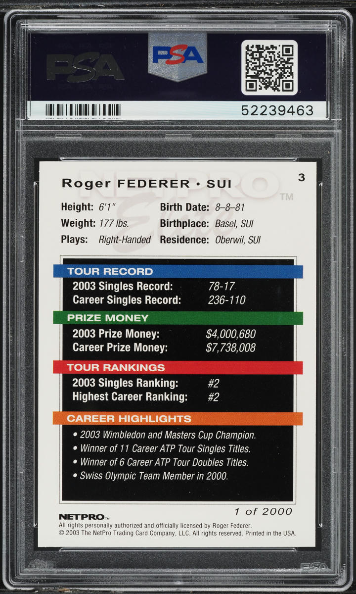 2003 Netpro Elite Tennis Roger Federer ROOKIE /2000 #3 PSA 10 GEM