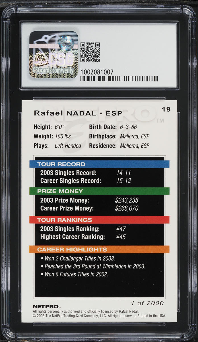 2003 Netpro Elite Rafael Nadal ROOKIE #19 CSG 9 MINT