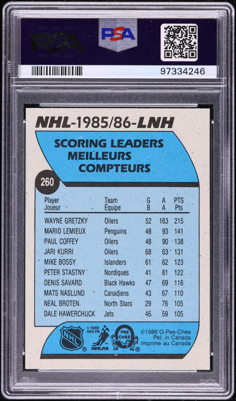 1986 O-Pee-Chee Hockey Wayne Gretzky SCORING LDRS #260 PSA 10 GEM MINT