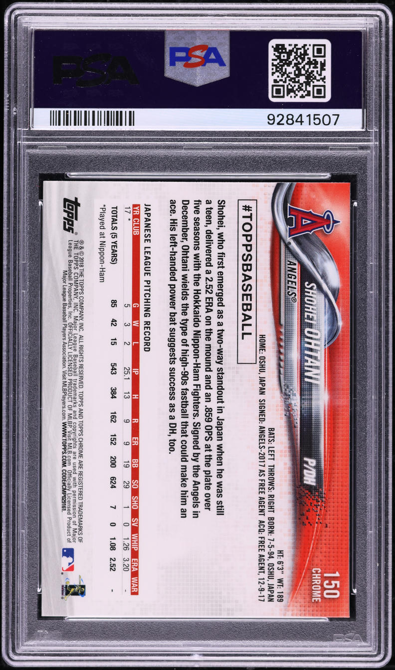 2018 Topps Chrome Prism Refractor Shohei Ohtani ROOKIE #150 PSA 10 GEM MINT