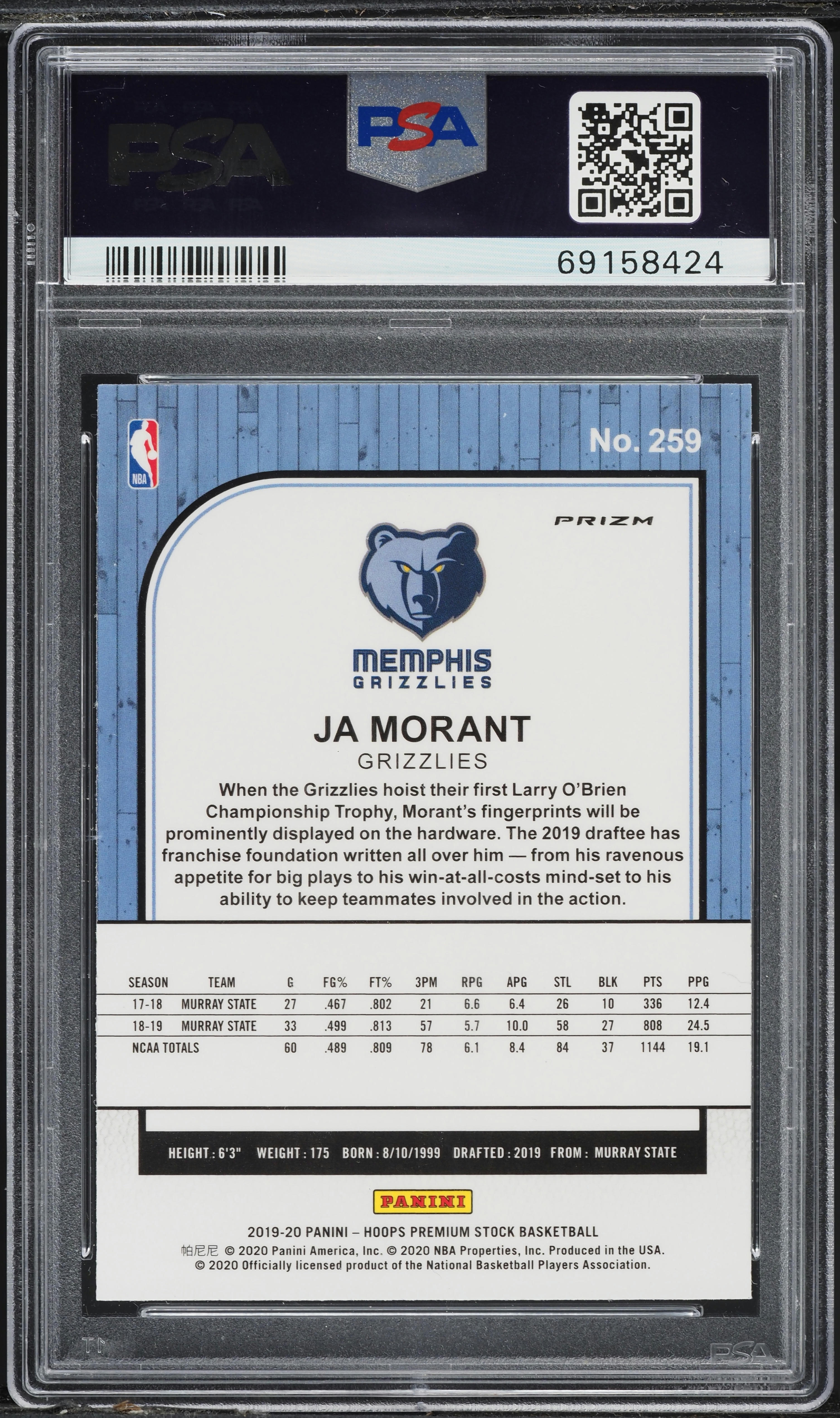 2019 Hoops Premium Stock Purple Disco Ja Morant ROOKIE #259 PSA 10