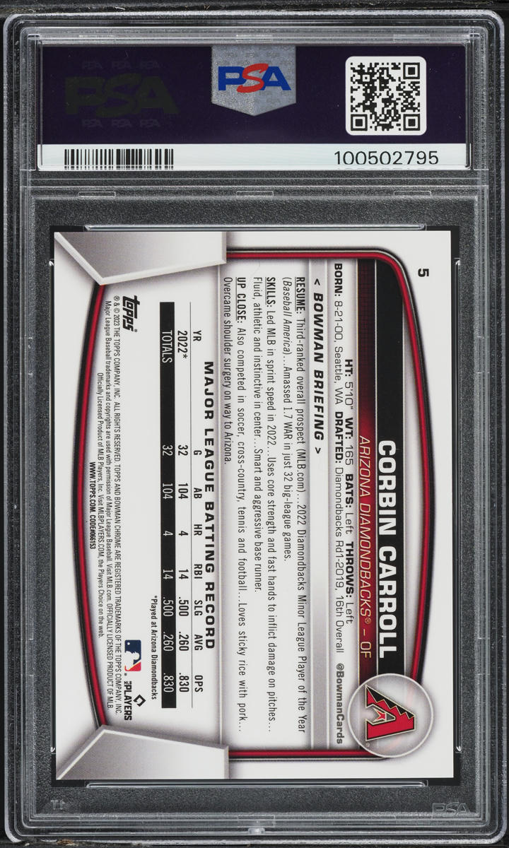 2023 Bowman Chrome Sapphire Image Variation Yellow Corbin Carroll SP ROOKIE /50 #5 PSA 9 MINT
