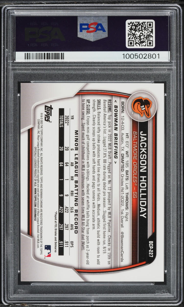 2023 Bowman Chrome Sapphire Orange Jackson Holliday SP ROOKIE /75 #227 PSA 9