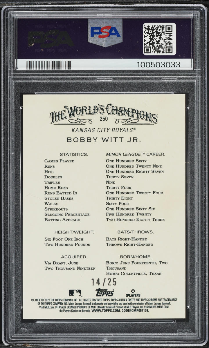 2022 Topps Allen & Ginter Chrome Orange Refractor Bobby Witt Jr RC /25 PSA 10