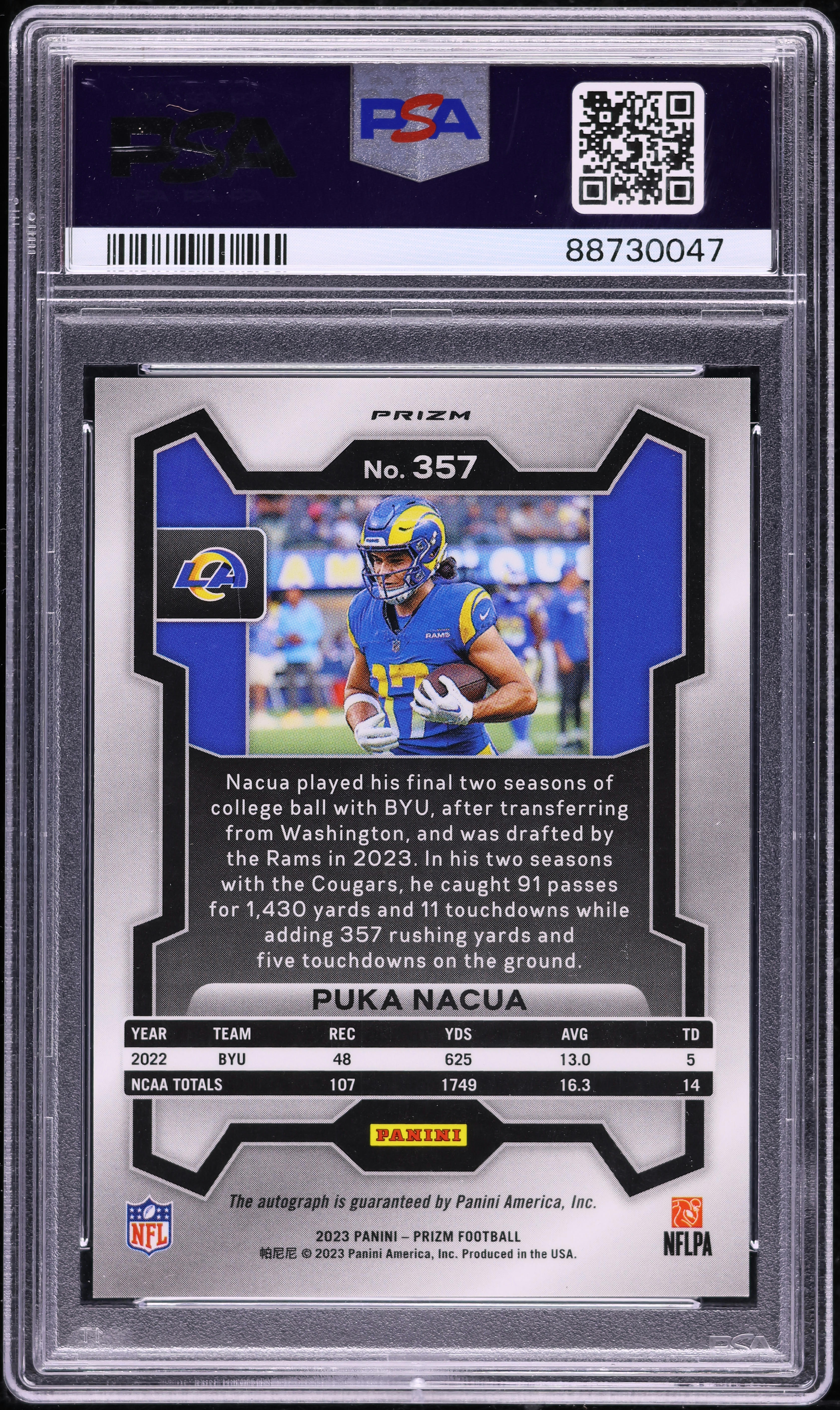 2023 Panini Prizm Silver Puka Nacua ROOKIE AUTO #357 PSA 10 GEM