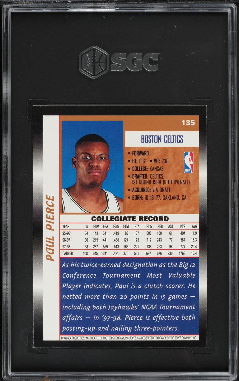 1998 Topps Basketball Paul Pierce ROOKIE #135 SGC 8.5 NM-MT+