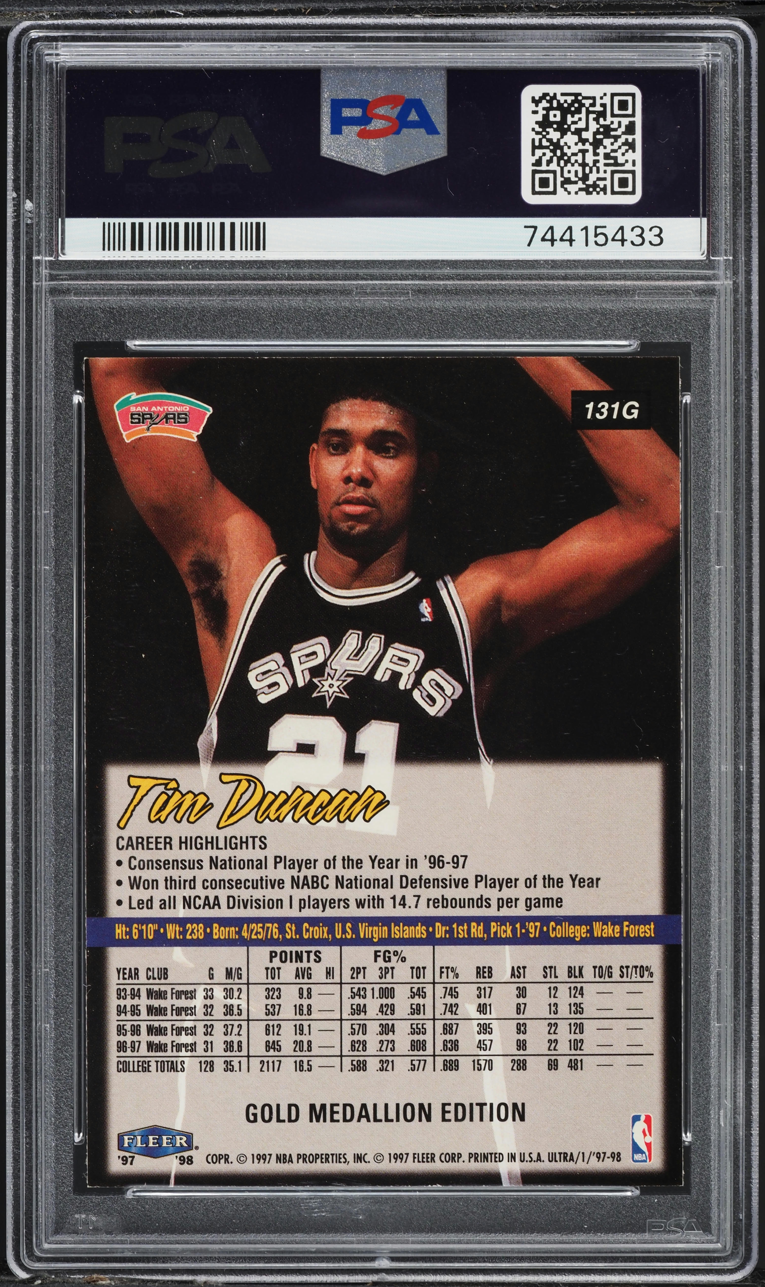 1997 Ultra Gold Medallion Tim Duncan ROOKIE #131G PSA 9 MINT on