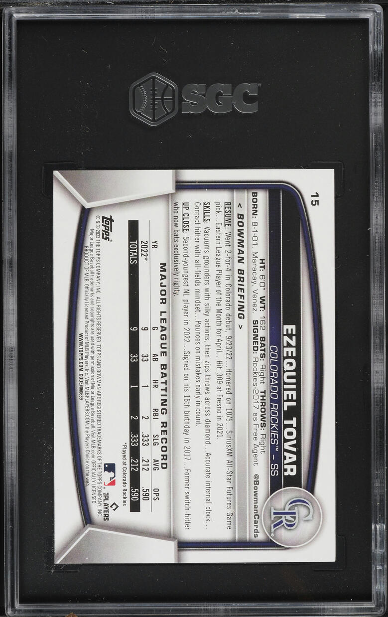 2023 Bowman Ezequiel Tovar ROOKIE #15 SGC 8.5 NM-MT+