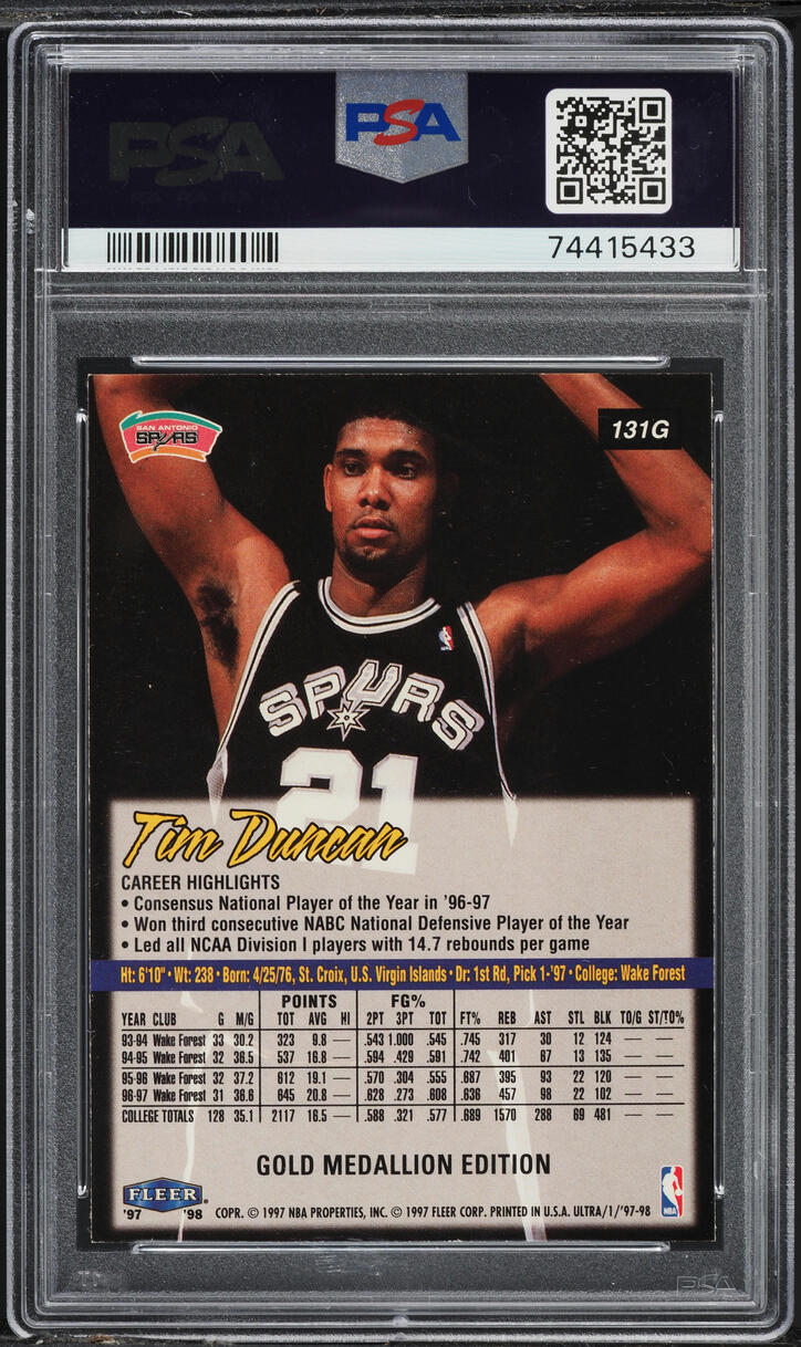 1997 Ultra Gold Medallion Tim Duncan ROOKIE #131G PSA 9 MINT on