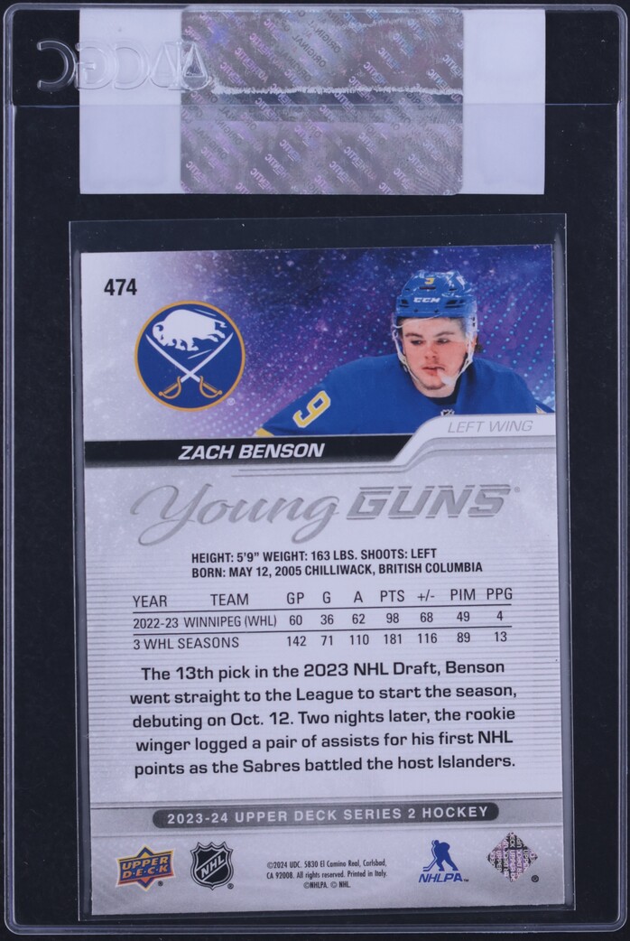 2023 Upper Deck Young Guns Zach Benson ROOKIE #474 CGC AUTH