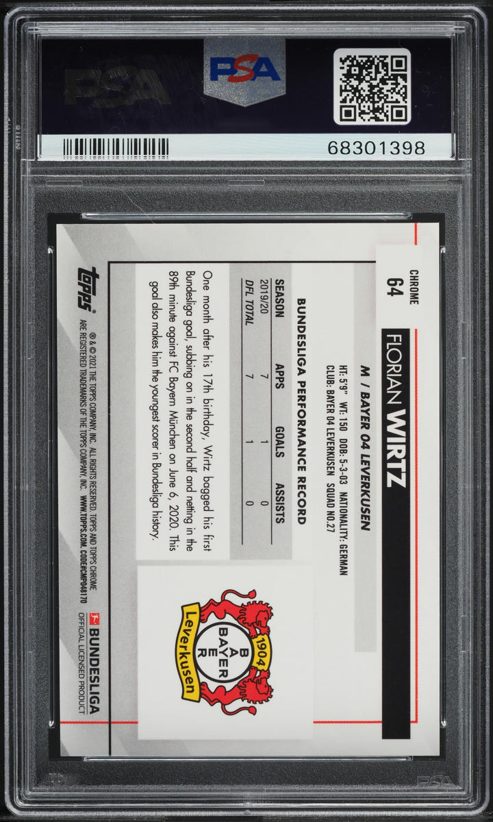 2020 Topps Chrome Bundesliga Sapphire Florian Wirtz ROOKIE #64 PSA 10 GEM MINT