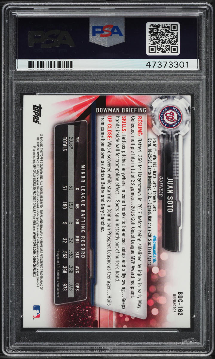 2017 Bowman Chrome Draft Refractor Juan Soto ROOKIE #BDC-162 PSA