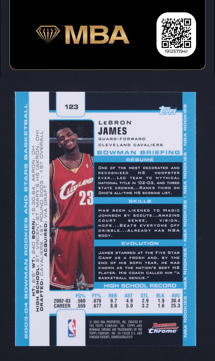 2003 Bowman Chrome LeBron James ROOKIE #123 MBA AUTH