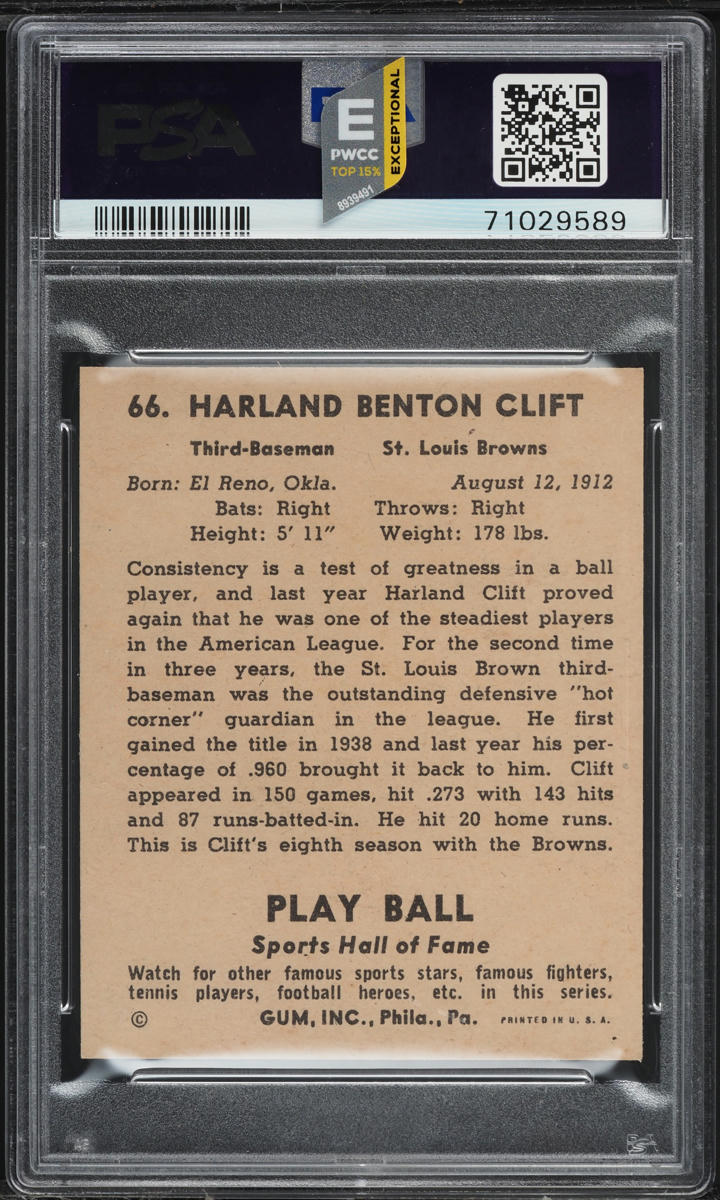 1941 Play Ball Harland Clift #66 PSA 8 NM-MT (PWCC-E)