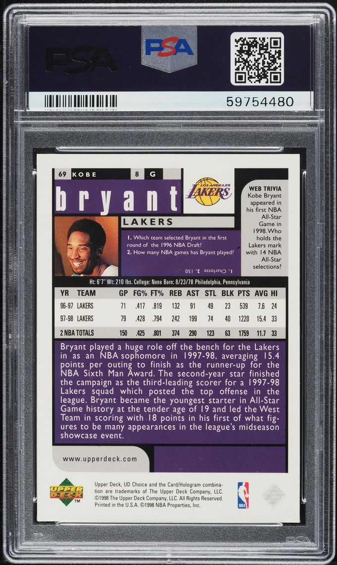 1998 Upper Deck Choice Preview Kobe Bryant #69 PSA 5 EX