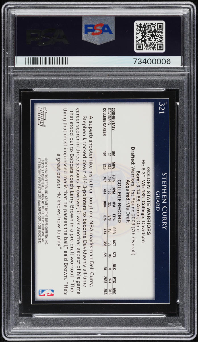 2009 Topps Basketball Stephen Curry ROOKIE AUTO #321 PSA/DNA AUTH