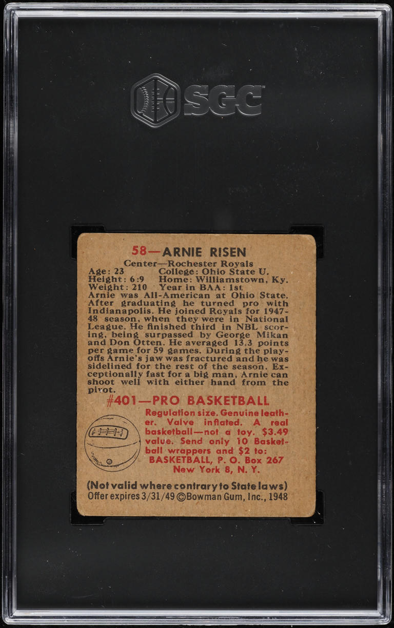 1948 Bowman Basketball Arnie Risen #58 SGC 3 VG